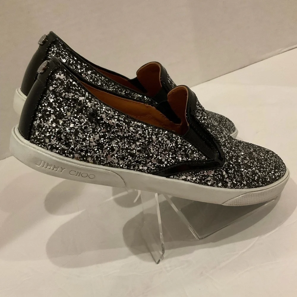 Jimmy Choo Demi Coarse Glitter Slip-Ons Sneakers Black and Silver - Picture 5 of 15